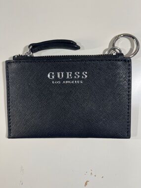 Guess Los Angeles Black Textured Zip Card Holder with Keyring